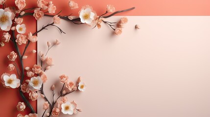 A piece of paper and a flowering branch in peach color.