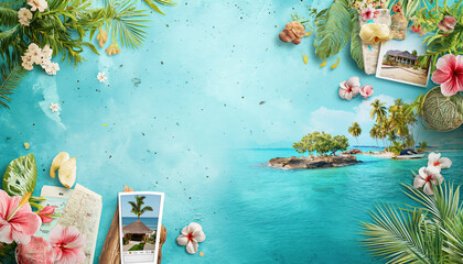 Tropical vacation-themed collage of diverse smart tourism activities such as an online booking, a photography portfolio, and a travel blog