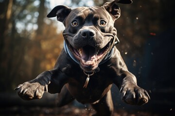 A running Staffordshire Terrier on a walk in the park.