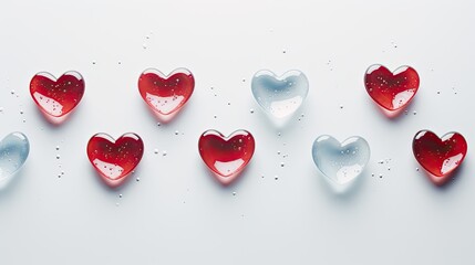 A set of red and white glass hearts on a white background.