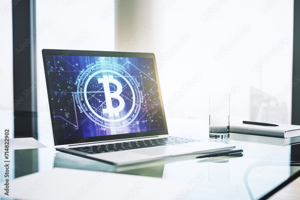 Poster creative bitcoin concept on modern laptop screen. 3d rendering