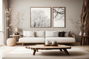 Japanese interior home design of modern living room with white sofa and dry tree branch table with poster frame on beige wall