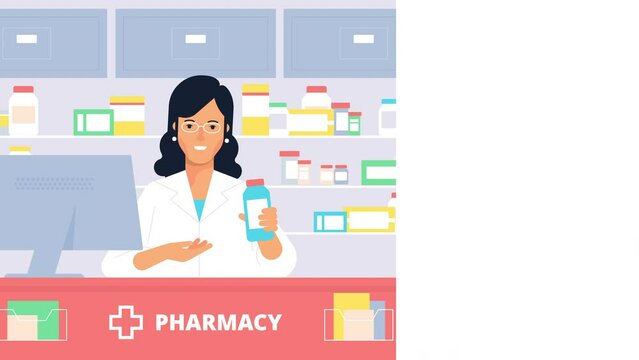 Pharmacy background scene. Female pharmacist smiles and showing pills. Different types of pills and a place for text appear on the side. 4K video motion graphic animation.