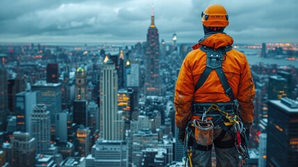 
A Construction Worker on a High-Rise Building Scaffold, Secured with Safety Harnesses Against a City Skyline