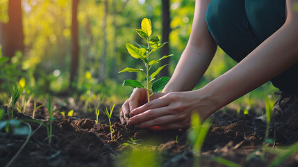 person planting a tree hands closeup,  reforestation concept 