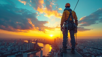 
A Construction Worker on a High-Rise Building Scaffold, Secured with Safety Harnesses Against a City Skyline - obrazy, fototapety, plakaty