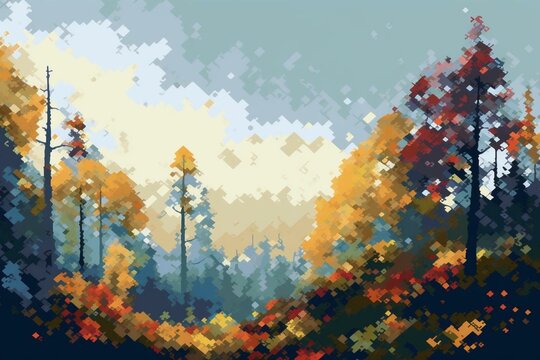 Pixelated artwork depicting an autumn forest landscape. Generative AI