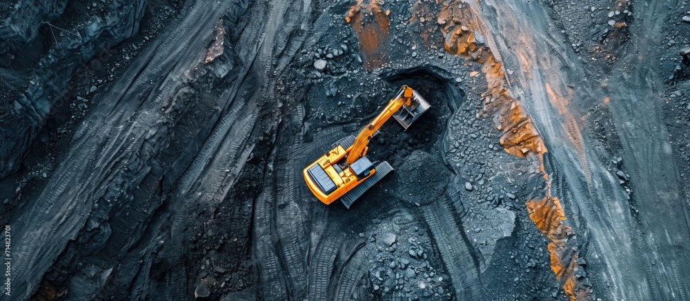Wall mural An aerial view of a coal quarry where an excavator is working on a coal platte. - Wall murals