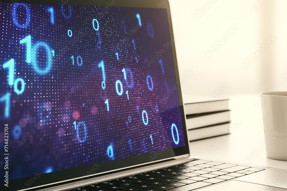 Aufkleber Creative abstract binary code sketch on modern laptop monitor, hacking and matrix concept. 3D Rendering