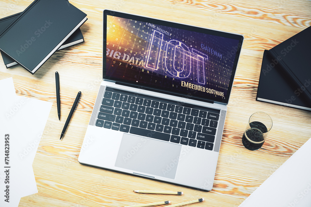 Aufkleber Modern computer monitor with creative IOT hologram, research and development concept. 3D Rendering