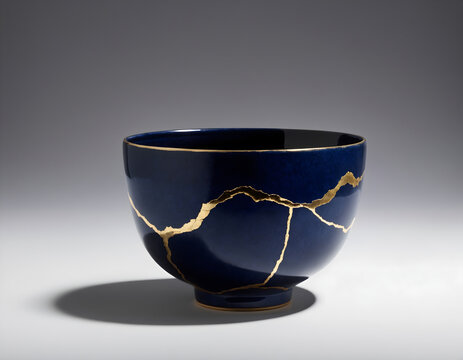 Kintsugi-Inspired Dark Blue Cup Shining Against a White Canvas