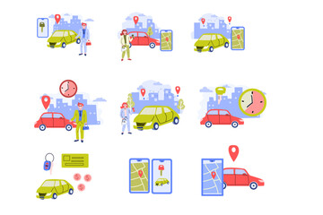 big set of car sharing and rent automobile concept illustration. Vector illustration with people man and woman using mobile app for rent transport, automobile with location mark. 
