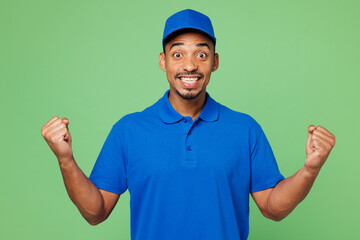 Professional delivery guy employee man wear blue cap t-shirt uniform workwear work as dealer...