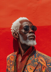 white haired African American male in stylish jacket and round sunglasses looking away against red backdrop