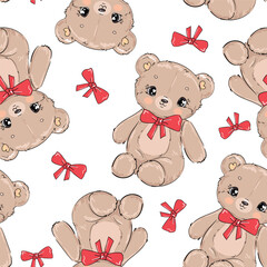 Hand Drawn Little Cute Teddy Bear with red bow seamless pattern, Vector illustration Bears for kids trend print textile