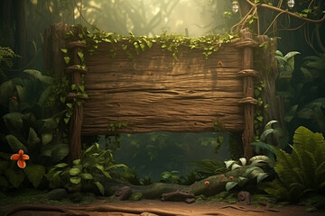 Wooden board pointer. Blank sign board in tropical jungle. AI generated.