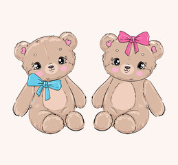 Hand Drawn Cute little Teddy Bears and Bow vector, Bear boy and bear girl illustration design