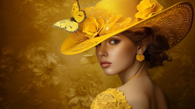 The woman with hat. woman with embossed hat. yellow butterfly, yellow hat. embossed wallpaper