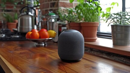 A Digital Home Assistant Speaker on a Kitchen Counter