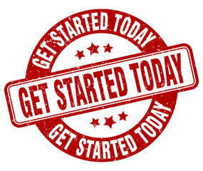 get started today stamp. get started today label. round grunge sign