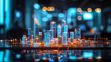 A holographic projection of a futuristic cityscape in a business meeting, business, holograms, blurred background, with copy space