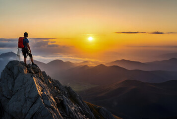 Naklejka na ściany i meble Adventurous Man Hiker standing on top of the peak with rocky mountains. Adventure Composite. Aerial Background Image of landscape. Sunset Sky. generative ai