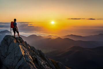 Fototapeta premium Adventurous Man Hiker standing on top of the peak with rocky mountains. Adventure Composite. Aerial Background Image of landscape. Sunset Sky. generative ai