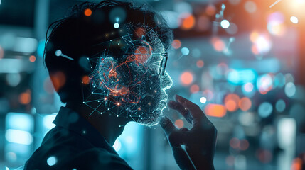 An entrepreneur brainstorming with a 3D holographic mind map, business, holograms, blurred background, with copy space - obrazy, fototapety, plakaty