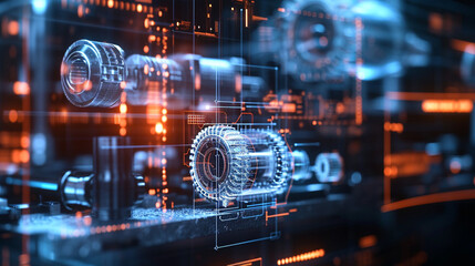 A holographic 3D model of a complex mechanical system for engineering review, business, holograms, blurred background, with copy space
