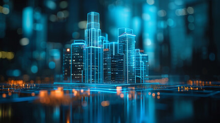 A 3D holographic projection of a building architecture model, business, holograms, blurred background, with copy space