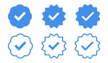 Blue tick verified symbol icon set with fill and stroke. Blue Tick, right, v, verification symbol. accept, vote, choice symbol for use in apps, profiles and bio. - obrazy, fototapety, plakaty