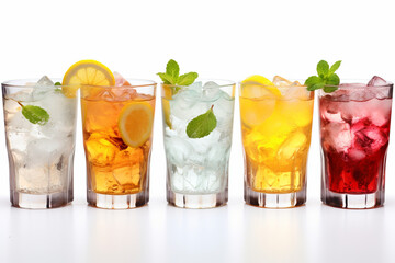 Glasses with cold multi-colored fruit cocktails with ice on a white background. AI generated.