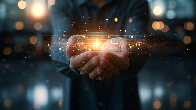 A business consultant displaying a holographic SWOT analysis to clients, business, holograms, blurred background, with copy space