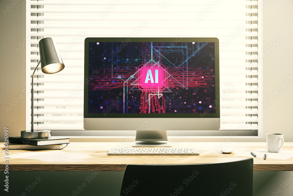 Poster Creative artificial Intelligence symbol concept on modern computer monitor. 3D Rendering
