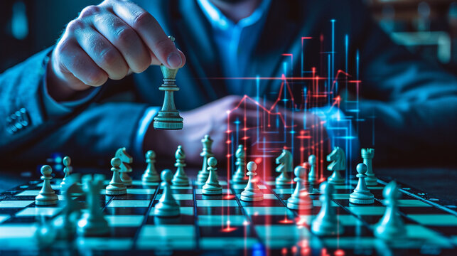 A corporate strategist visualizing competitive landscape using a holographic chessboard, business, holograms, blurred background, with copy space