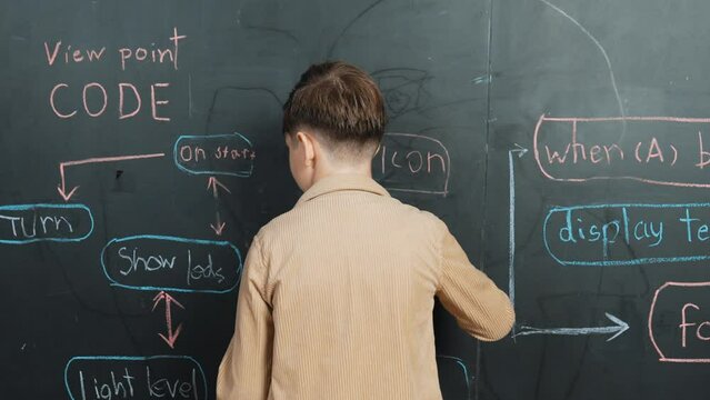 Smart boy writing engineering prompt on blackboard while turn around and waving to camera. Attractive happy student planing a project by using coding and programing system in STEM. Closeup. Erudition.