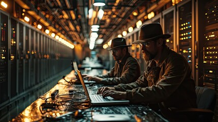 Portrait of IT Specialist Uses Laptop Specialist Uses Laptop in Data Center. Server Farm Cloud Computing Facility with Male Maintenance Administrator Working on Cyber Security and Network Protection