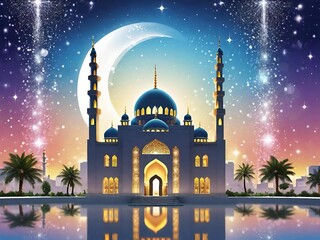 Illustration of a mosque under a starlit night sky, with its beauty mirrored in tranquil waters, framed by palm trees. Generative AI.
