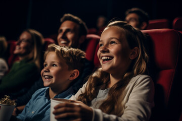 Fototapeta premium An American-looking family enjoys sitting in a movie theater. AI generated.