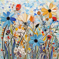 Mosaic wildflowers floral background. Wild flower meadow landscape. Summer flower backdrop design