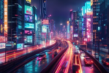 Fototapeta na wymiar Futuristic Cityscape Illuminated with Neon Lights