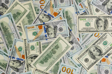Background of 100 dollar bills, top view.