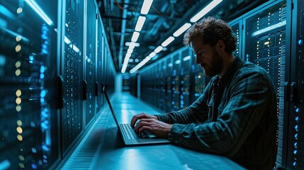 Portrait of IT Specialist Uses Laptop Specialist Uses Laptop in Data Center. Server Farm Cloud Computing Facility with Male Maintenance Administrator Working on Cyber Security and Network Protection