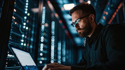 Portrait of IT Specialist Uses Laptop Specialist Uses Laptop in Data Center. Server Farm Cloud Computing Facility with Male Maintenance Administrator Working on Cyber Security and Network Protection