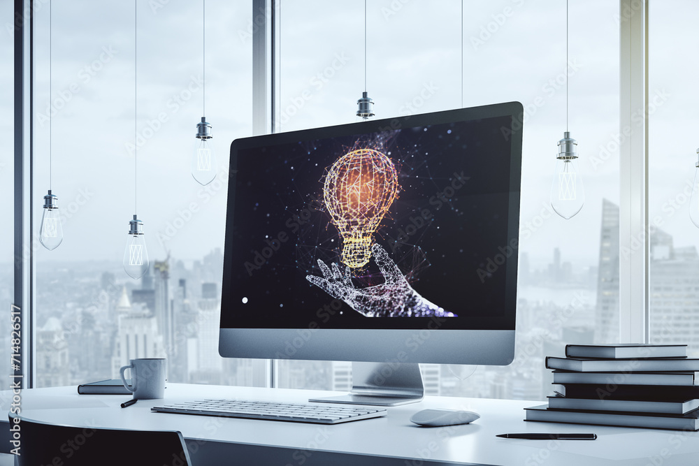 Leinwandbilder modern computer monitor with creative light bulb hologram, research and development concept. 3d rend