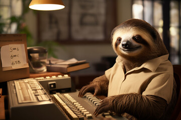 The sloth works with financial documents sitting at the table in the office.