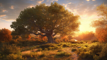 Obraz na płótnie Canvas Leafy Tree With Sunset in the Background