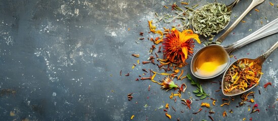 Spoon with safflower, herbal tea. - obrazy, fototapety, plakaty