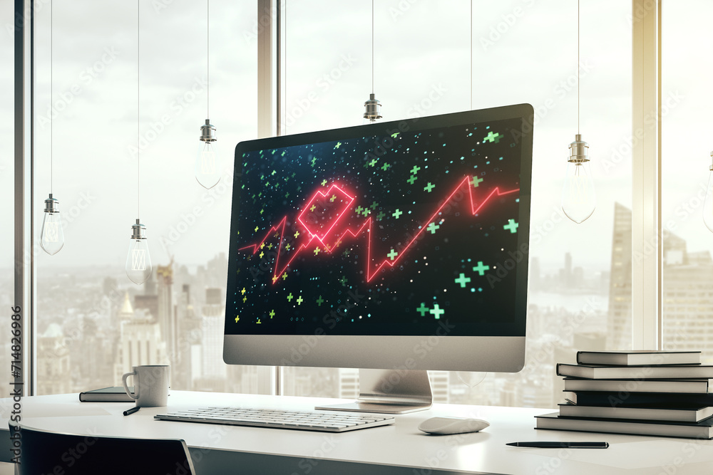 Poster Creative abstract heart pulse hologram on modern computer monitor, online medical consulting concept. 3D Rendering