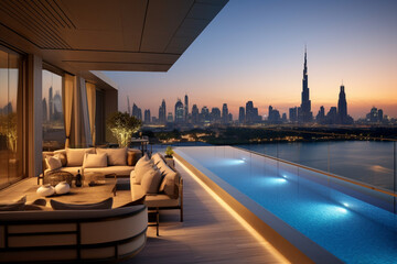 Impressive spacious penthouse terrace with pool and views of Dubai. Skyscrapers of the United Arab Emirates. - obrazy, fototapety, plakaty